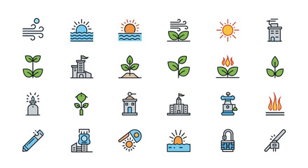 Obraz premium Collection of Flat Design Icons Representing Nature, Industry, and Technology Concepts.
