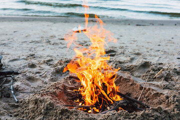 A campfire blazes on a sandy beach, inviting warmth and relaxation with its flames. A fireplace...