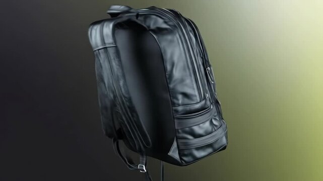 Stylish dark backpack against a graduated background with studio lighting.