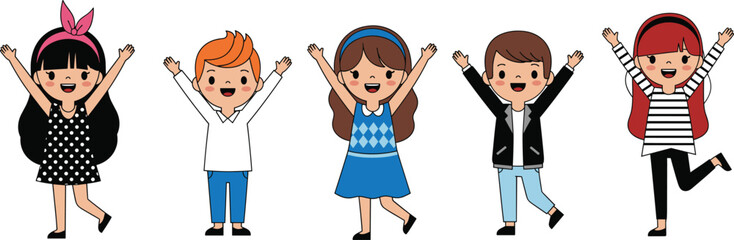 Happy children illustration, group of kids celebrating, joyful cartoon characters, friendship and childhood concept, cute little boys and girls vector © Akhi's orld