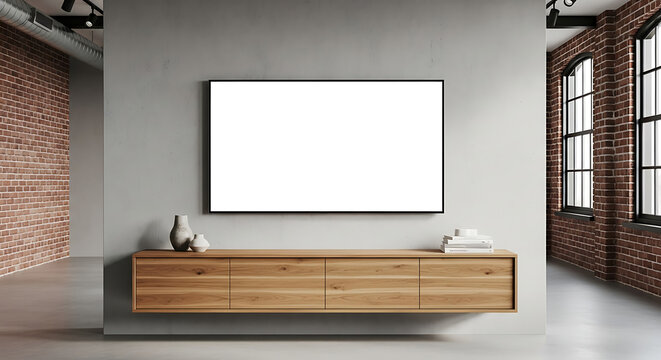Smart Tv Blank Screen Mockup On Floating Cabinet In Modern Loft