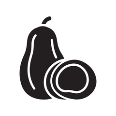 Black Glyph Icon of Whole Avocado and Sliced Half with Pit