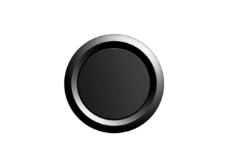 Circular, dark gray button with a silver ring