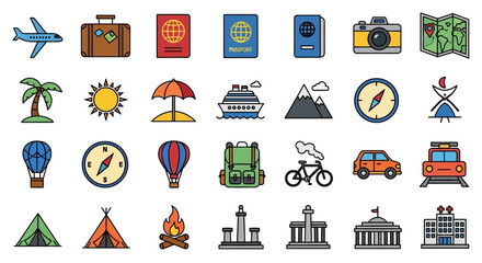 Set of colorful filled outline icons for travel, vacation, and tourism, including transport and landmarks.