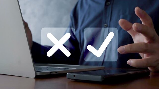 Creative decision making concept showing check mark and cross icons, representing approval, rejection, choice, business evaluation, correct and wrong options, symbolizing judgment, management strategy