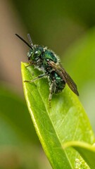Naklejka premium Close-up of metallic green bee on leaf