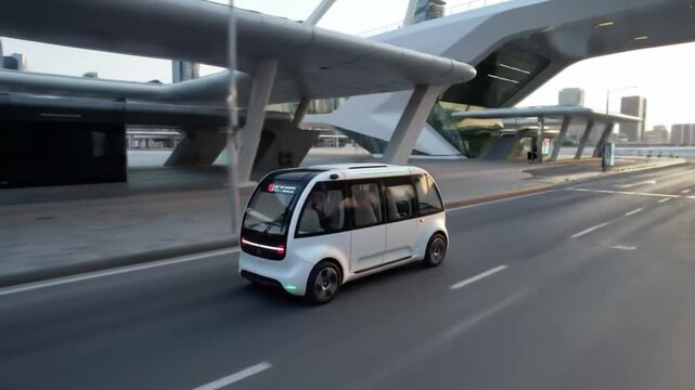 An elevated perspective captures a modern vehicle traversing a wide thoroughfare, showcasing contemporary transportation amidst an expansive environment.