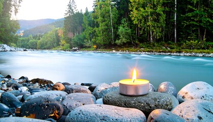 Serene river scene with candle