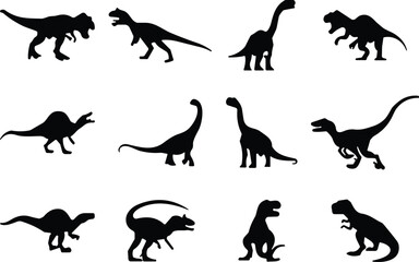 Silhouette dinosaurs, prehistoric animals, extinct species, Jurassic creatures, black vector icons, ancient reptiles, wildlife shapes, fossil era, cad drawing flat vector illustration