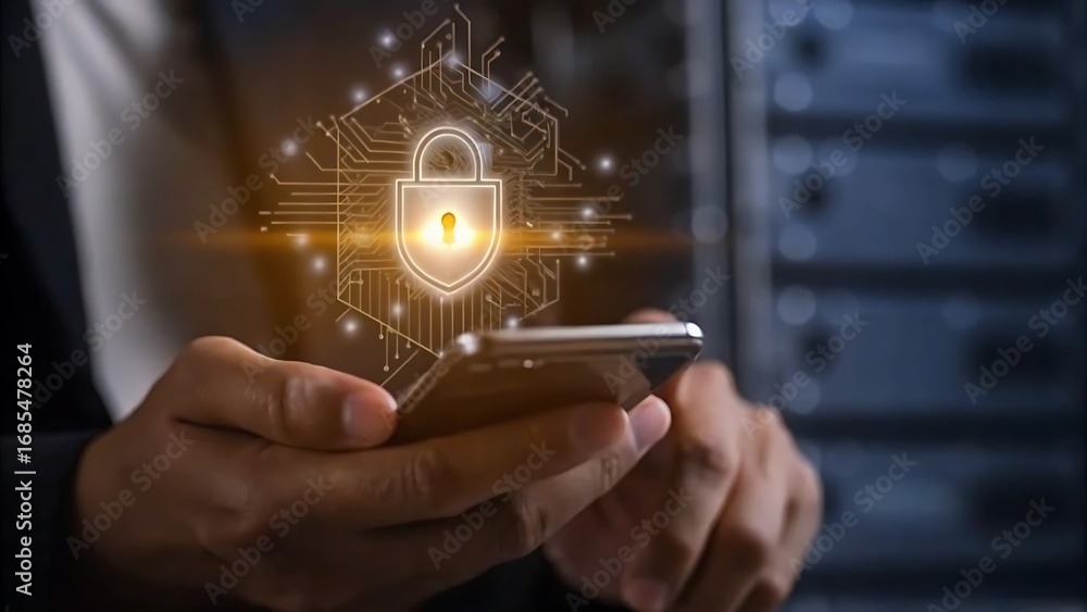 Poster cybersecurity digital shield lock hologram with smartphone and data protection
