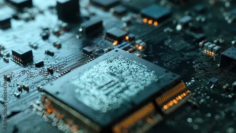 Poster cpu processing data on motherboard with integrated circuit and electronic components