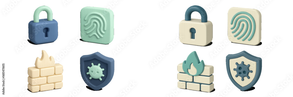 Poster a set of 3d cybersecurity icons with a padlock, fingerprint scanner, firewall, and antivirus shield 