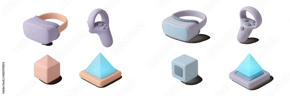 Aufkleber isometric vr headset and controller icon set with abstract geometric shapes for metaverse and gaming