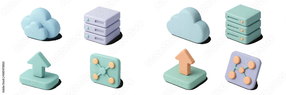 Aufkleber 3d icon set for cloud computing, data storage, and networking technology with server, upload, and ne