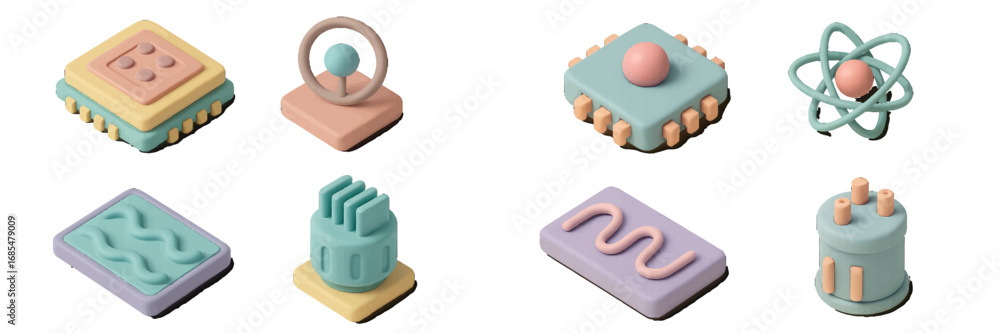 Poster abstract 3d isometric icon set for technology and innovation themes featuring cpu, atom, and circuit