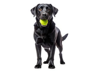 Fototapeta premium Loyal Companion: A sleek, black labrador stands tall, a vibrant tennis ball nestled securely in its mouth, ready for an engaging game. Capturing the timeless bond between pets and humans.