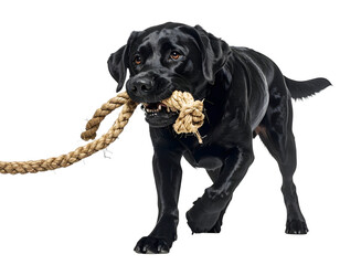 Fototapeta premium Playful Canine with Rope: A dynamic shot of a handsome black Labrador, his gleaming coat and eager eyes radiating vitality as he confidently carries a thick, knotted rope, ready for a game. 