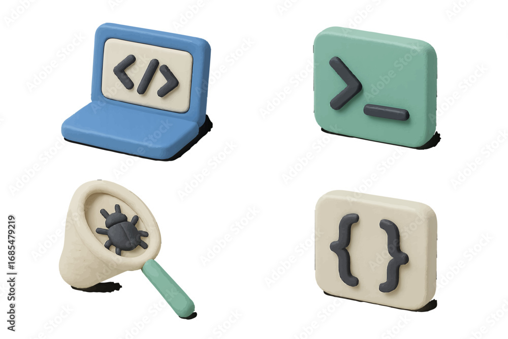 Poster vibrant 3d clay style icons representing programming and software development concepts with laptop, 