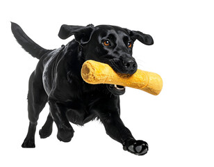 Fototapeta premium Playful Labrador Retrieving Bone: A vibrant shot of a sleek black Labrador, exuding pure canine joy, sprints across the frame, a tempting bone clenched firmly in its jaws.