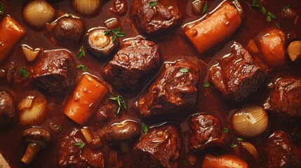 Hearty beef stew with vegetables simmering in rich sauce prepared in a cozy kitchen