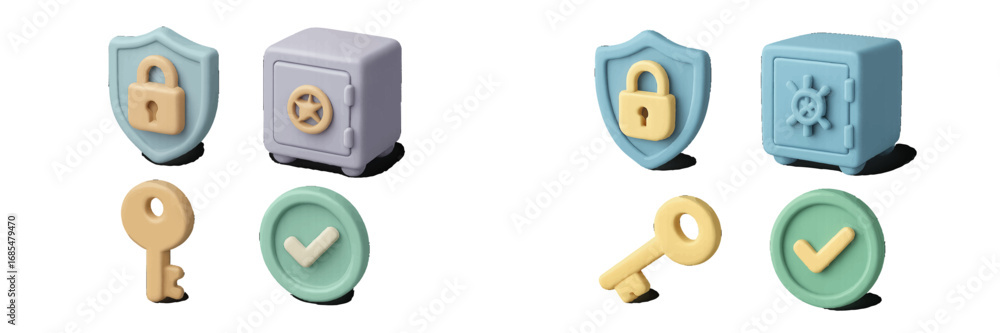 Poster set of 3d style security and safety icons featuring a shield, padlock, safe, key, and checkmark for 