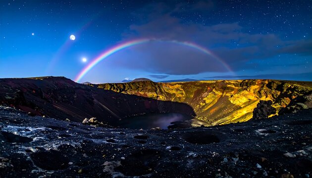 Volcanic crater at night, moonbow