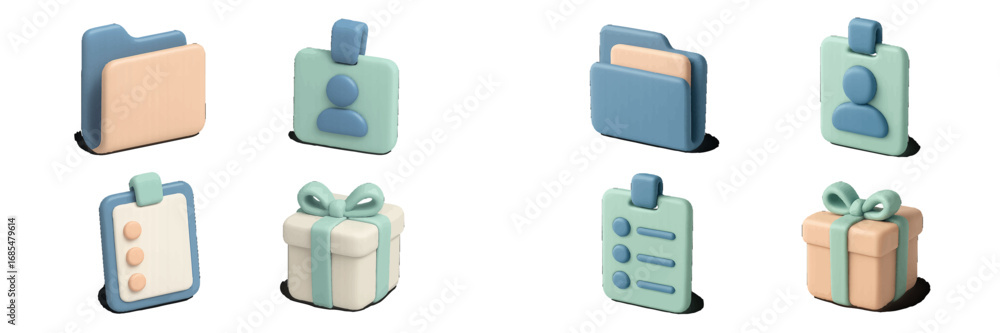Poster collection of modern 3d style ui icons featuring a folder, user profile, task list, and present box 