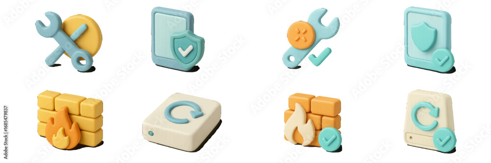 Poster 3d icon set for cybersecurity and data protection with firewall, backup, and mobile security symbols