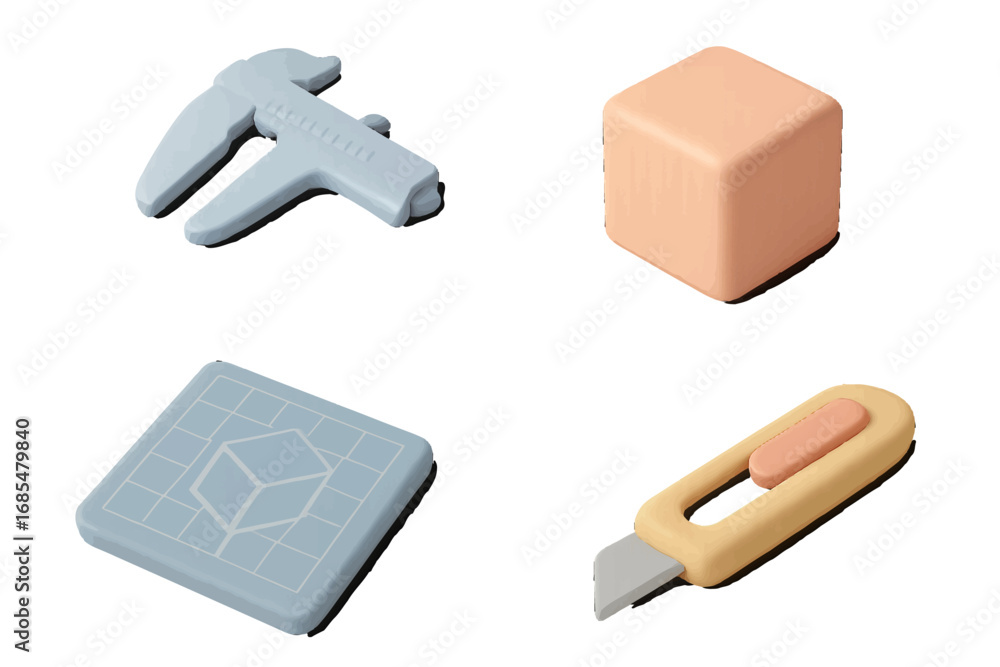 Poster set of 3d isometric icons for design and modeling featuring a caliper, cube, utility knife, and blue