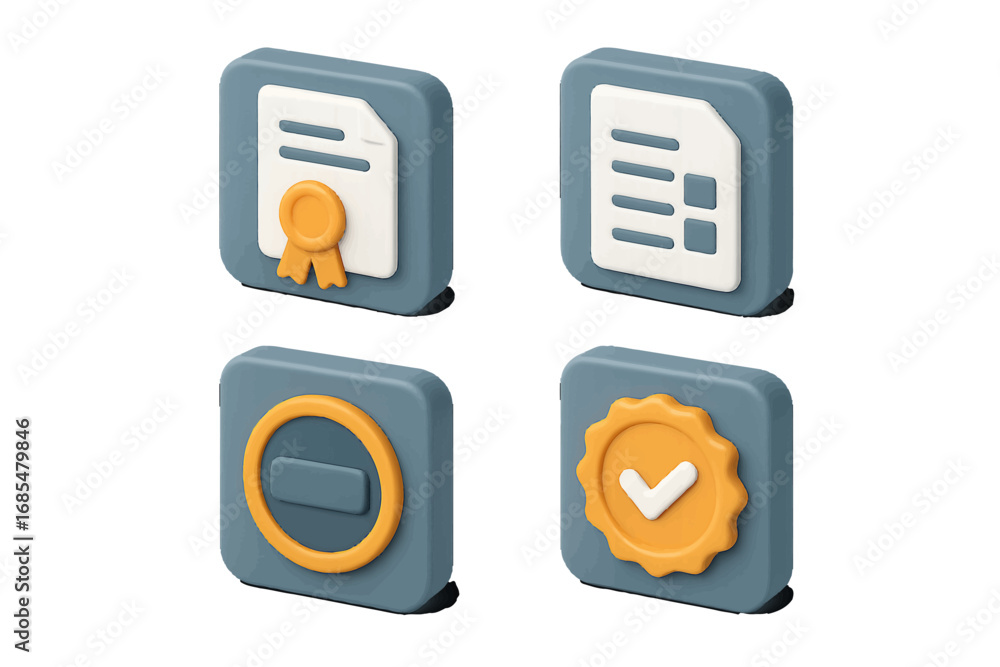 Poster set of 3d style document and certification icons including diploma with seal, approved checkmark bad