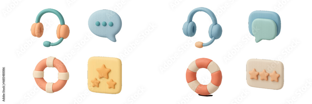 Poster collection of 3d icons representing customer service and support concepts like communication, feedba