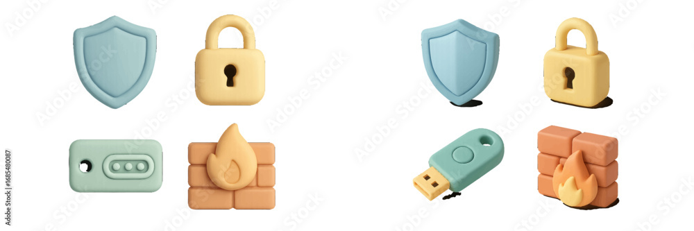 Poster 3d cybersecurity icon set with shield, lock, firewall, and safe for data protection and internet sec