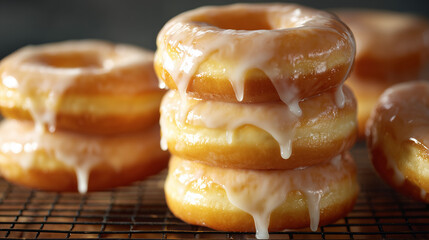 Glazed donuts stacked on cooling rack with sugar glaze dripping, strong side light for shine