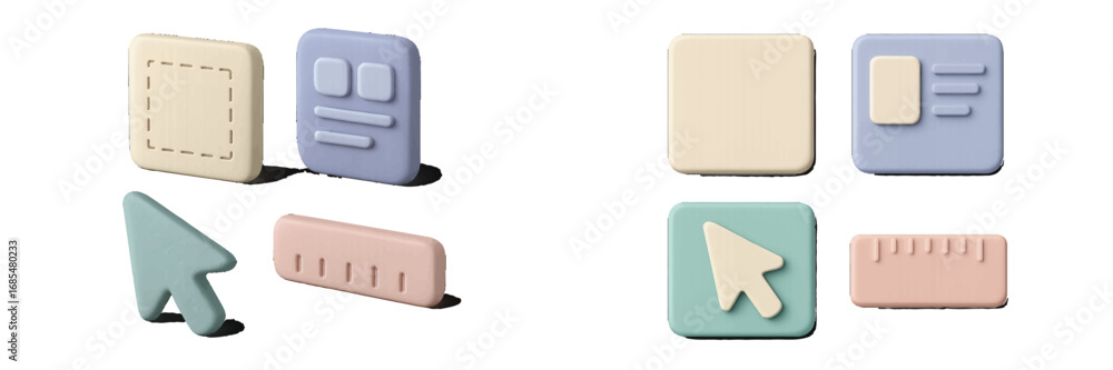 Poster collection of minimalist 3d icons for ui and ux design including pointer, ruler, and layout symbols 