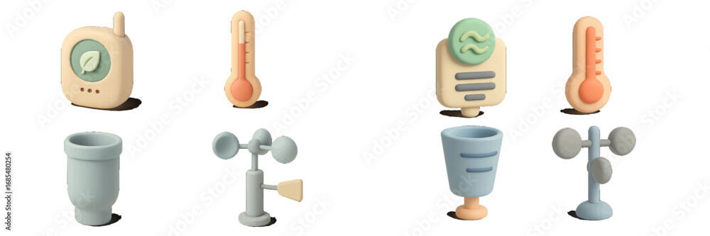 Poster weather forecast and environmental monitoring icon set in a soft 3d style with a thermometer, anemom