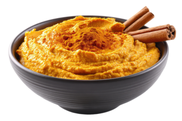 Pumpkin hummus in a bowl, topped with turmeric and cinnamon sticks
