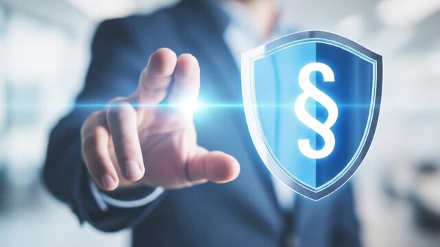 Business man using digital interface with law paragraph symbol, representing legal technology and compliance in modern business environment