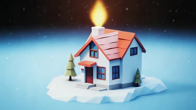 Cozy low poly house surrounded by snow and pine trees in winter