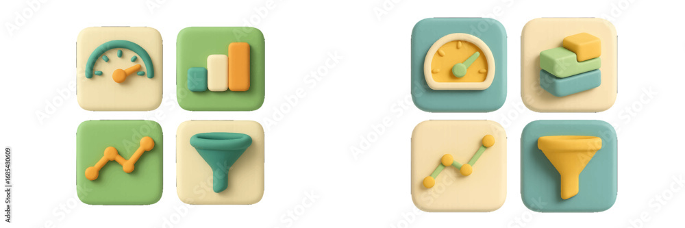 Aufkleber 3d icon set for data analytics and business intelligence with dashboard elements like charts, graphs