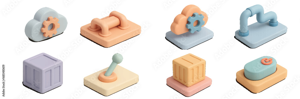 Poster set of 3d isometric icons in pastel colors for technology and business user interface design, includ