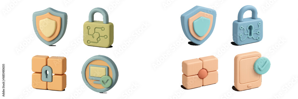 Poster 3d icon set for cybersecurity and data protection with shield and padlock symbols for digital privac