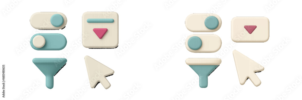 Aufkleber minimalist 3d user interface icon collection featuring toggle switches, filter funnels, dropdown but