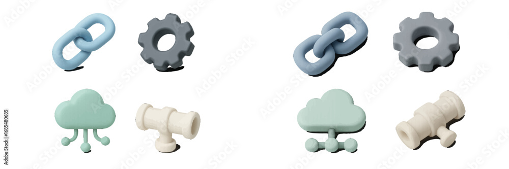 Poster set of 3d style technology icons for web and mobile applications including link, settings, cloud net