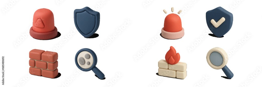 Poster 3d security icon set with shield, firewall, alarm, and search symbols for cybersecurity and data pro