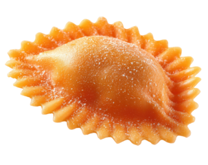 Close-up of an orange-toned pasta, possibly tortellini.  The pasta is a light orange,  with a slightly rough, scalloped edge and sprinkled with a fine dusting of white powder.  It is oval shaped