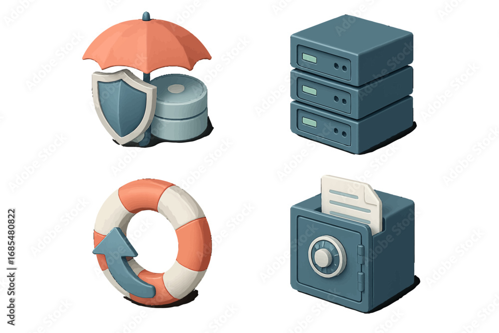 Aufkleber set of 3d icons for data security, server storage, information protection, and backup and recovery c
