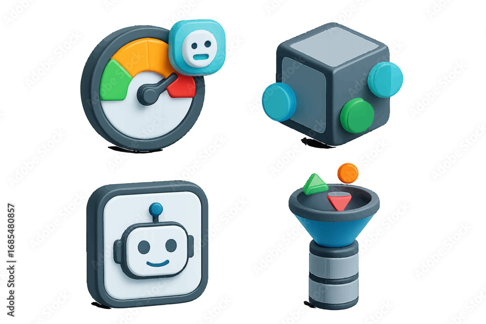 Poster set of 3d icons for technology and business concepts including chatbot, data filter funnel, performa