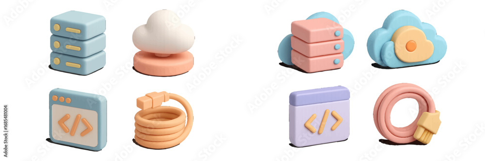 Aufkleber set of 3d icons for cloud computing, data server, web development, and network technology isolated o
