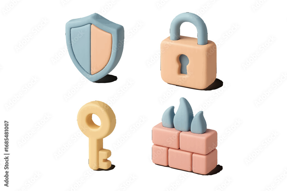 Poster 3d security icon set with shield, lock, key, and firewall for cybersecurity and data protection conc