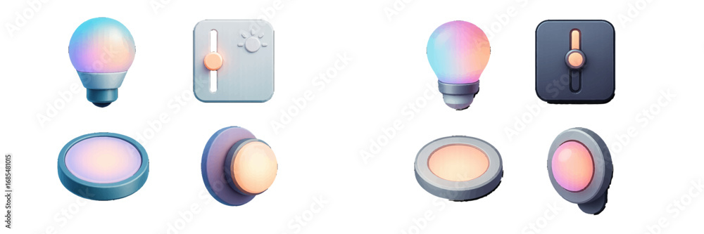 Poster modern smart home lighting icon set with colorful light bulbs, dimmer switches, and control panel el